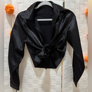 Black Satin Front Tie Cropped Shirt